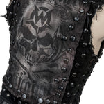 Wornstar Clothing men's custom vest. Handmade custom denim and leather rock vest. Rocker style black stretch denim custom-made stage vest.