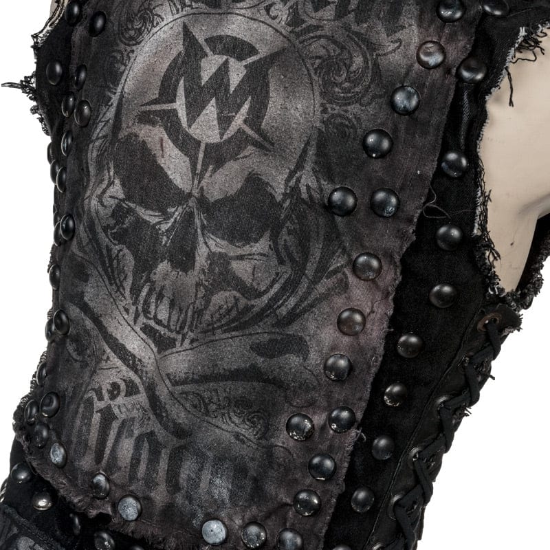 Wornstar Clothing men's custom vest. Handmade custom denim and leather rock vest. Rocker style black stretch denim custom-made stage vest.