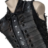 Wornstar Clothing men's custom vest. Handmade custom denim and leather rock vest. Rocker style black stretch denim custom-made stage vest.