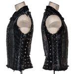 Wornstar Clothing men's custom vest. Handmade custom denim and leather rock vest. Rocker style black stretch denim custom-made stage vest.