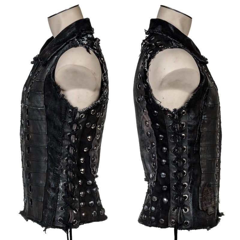 Wornstar Clothing men's custom vest. Handmade custom denim and leather rock vest. Rocker style black stretch denim custom-made stage vest.