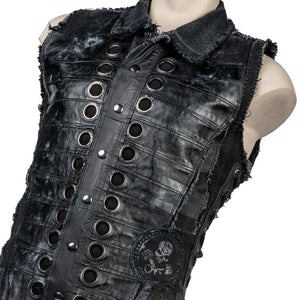 Wornstar Clothing men's custom vest. Handmade custom denim and leather rock vest. Rocker style black stretch denim custom-made stage vest.