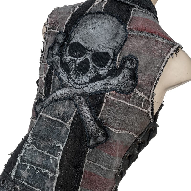 Wornstar Clothing men's custom vest. Handmade custom denim and leather rock vest. Rocker style black stretch denim custom-made stage vest.