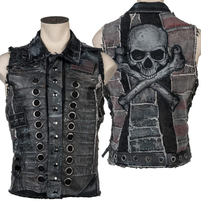 Wornstar Clothing men's custom vest. Handmade custom denim and leather rock vest. Rocker style black stretch denim custom-made stage vest.