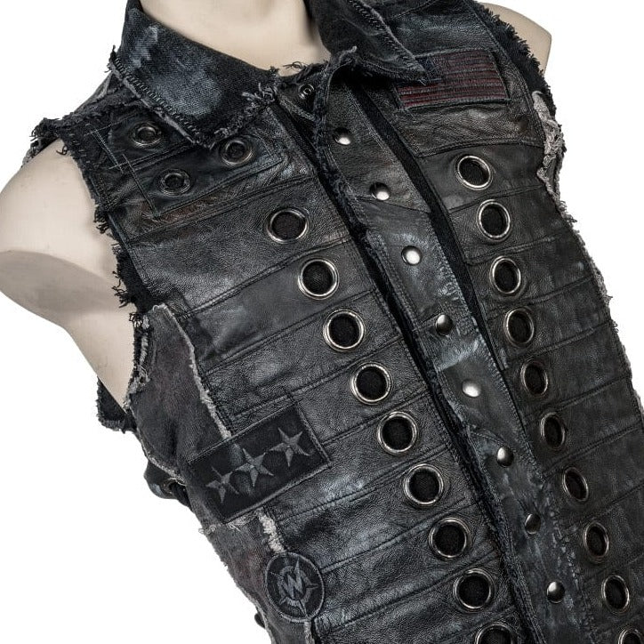 Wornstar Clothing men's custom vest. Handmade custom denim and leather rock vest. Rocker style black stretch denim custom-made stage vest.