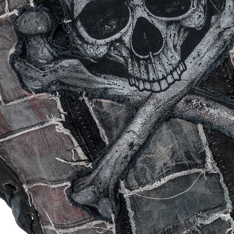 Wornstar Clothing men's custom vest. Handmade custom denim and leather rock vest. Rocker style black stretch denim custom-made stage vest.