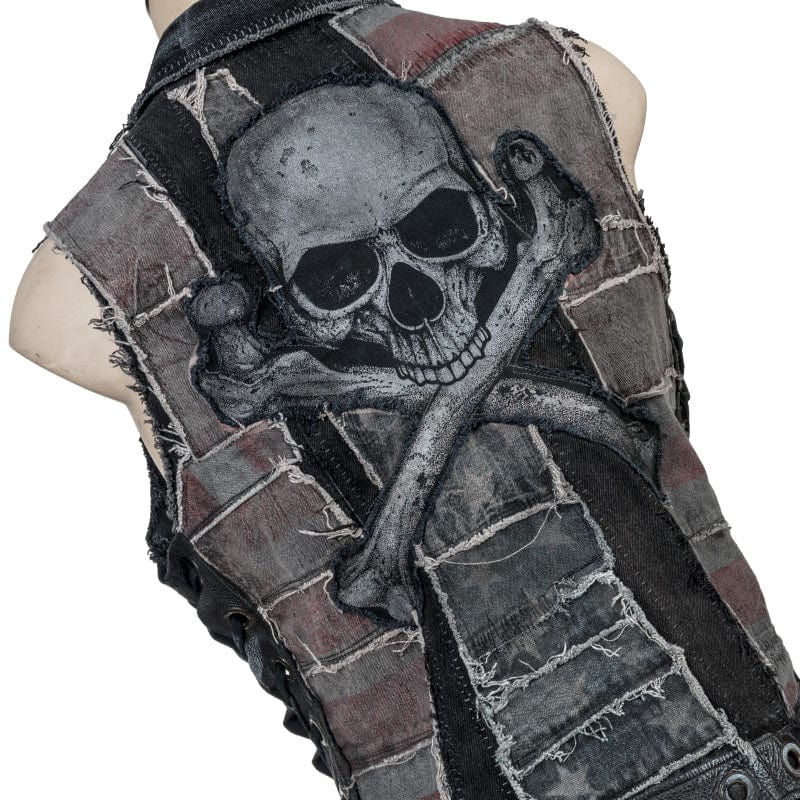 Wornstar Clothing men's custom vest. Handmade custom denim and leather rock vest. Rocker style black stretch denim custom-made stage vest.