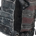 Wornstar Clothing men's custom vest. Handmade custom denim and leather rock vest. Rocker style black stretch denim custom-made stage vest.