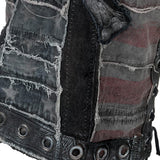 Wornstar Clothing men's custom vest. Handmade custom denim and leather rock vest. Rocker style black stretch denim custom-made stage vest.