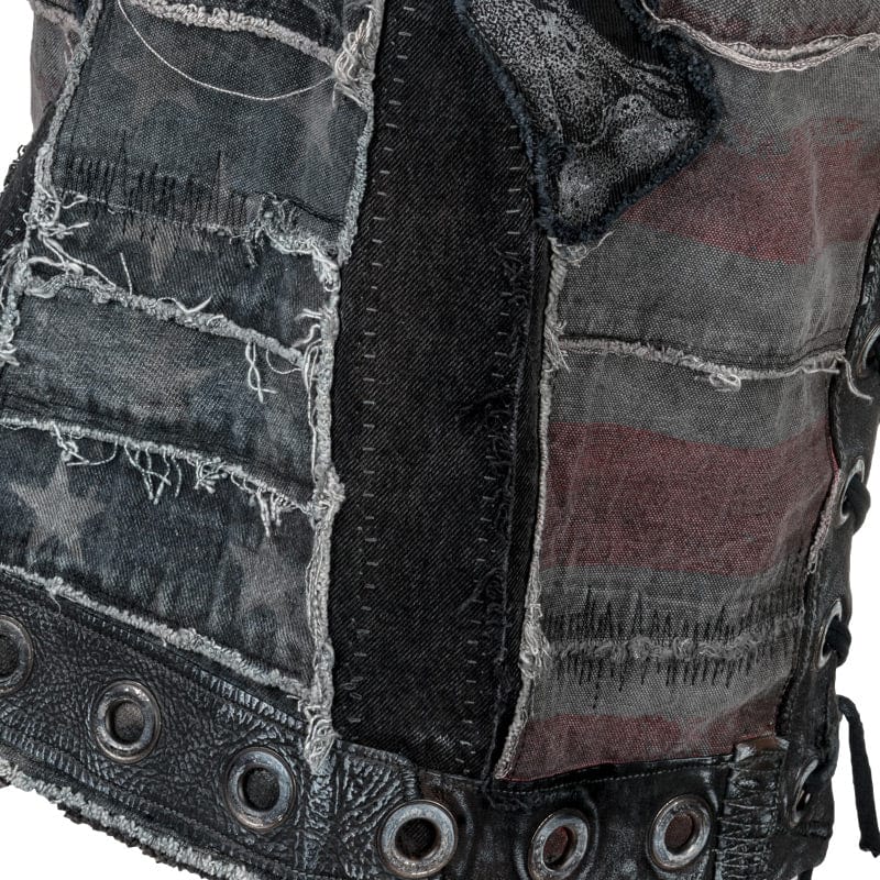 Wornstar Clothing men's custom vest. Handmade custom denim and leather rock vest. Rocker style black stretch denim custom-made stage vest.