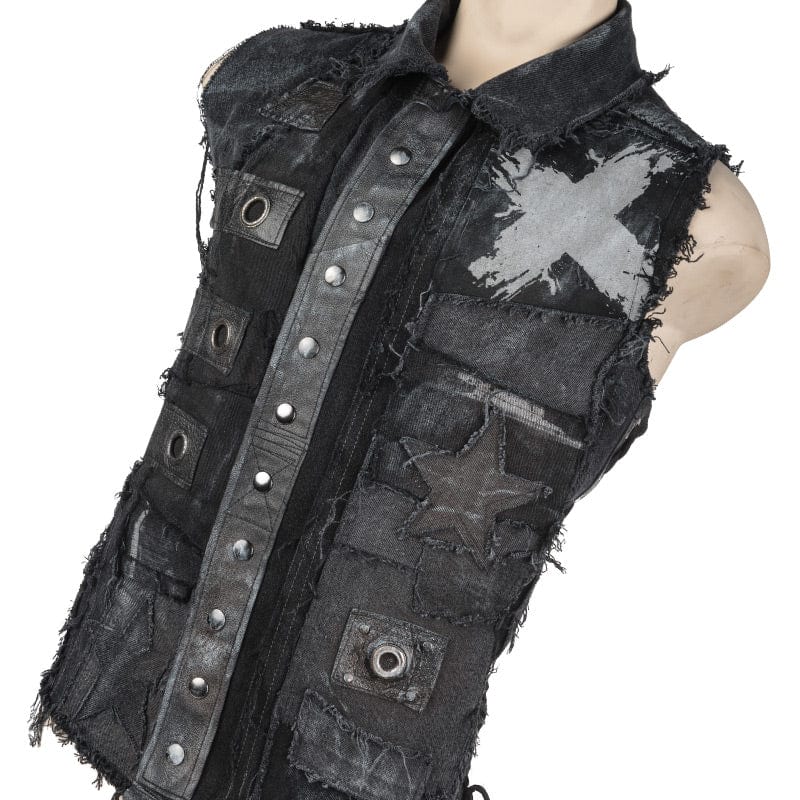 Wornstar Clothing men's custom vest. Handmade custom denim and leather rock vest. Rocker style black stretch denim custom-made stage vest.