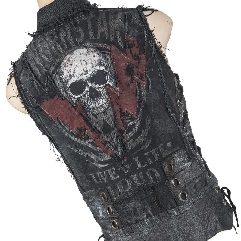 Wornstar Clothing men's custom vest. Handmade custom denim and leather rock vest. Rocker style black stretch denim custom-made stage vest.