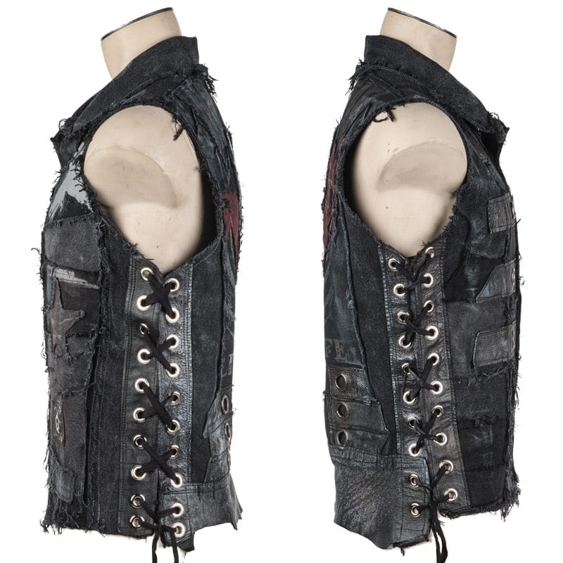 Wornstar Clothing men's custom vest. Handmade custom denim and leather rock vest. Rocker style black stretch denim custom-made stage vest.