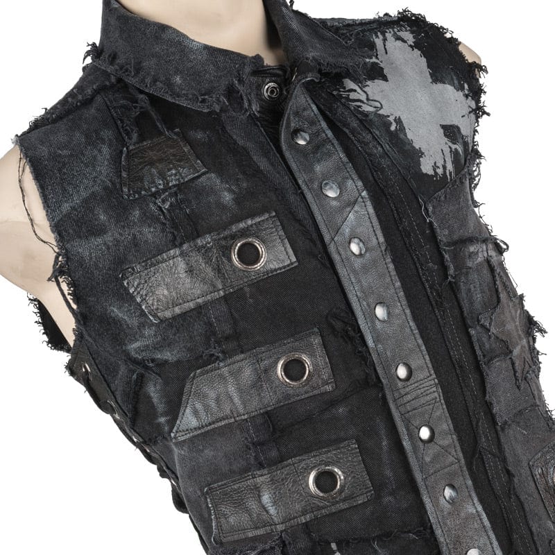 Wornstar Clothing men's custom vest. Handmade custom denim and leather rock vest. Rocker style black stretch denim custom-made stage vest.