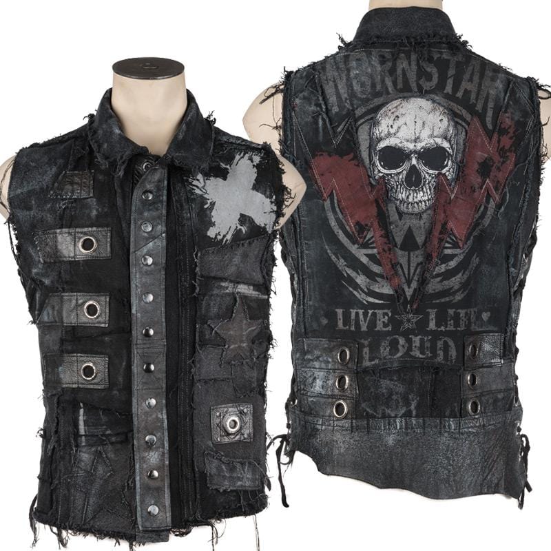 Wornstar Clothing men&#39;s custom vest. Handmade custom denim and leather rock vest. Rocker style black stretch denim custom-made stage vest.