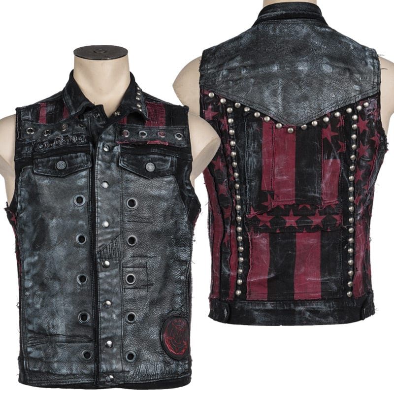 Wornstar Clothing men&#39;s custom vest. Handmade custom denim and leather rock vest. Rocker style black stretch denim custom-made stage vest.