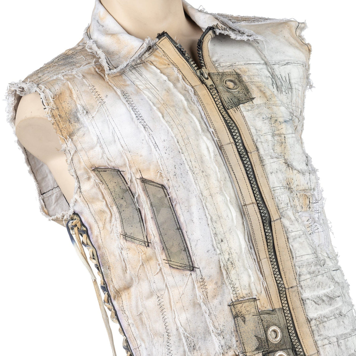 Wornstar Clothing men's custom vest. Handmade custom denim and leather rock vest. Rocker style black stretch denim custom-made stage vest.