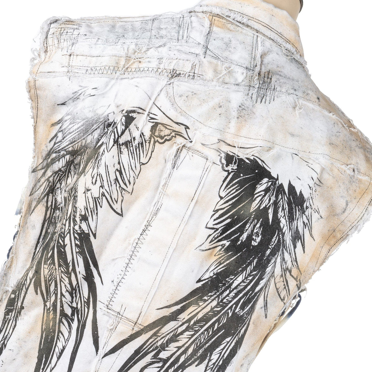 Wornstar Clothing men's custom vest. Handmade custom denim and leather rock vest. Rocker style black stretch denim custom-made stage vest.