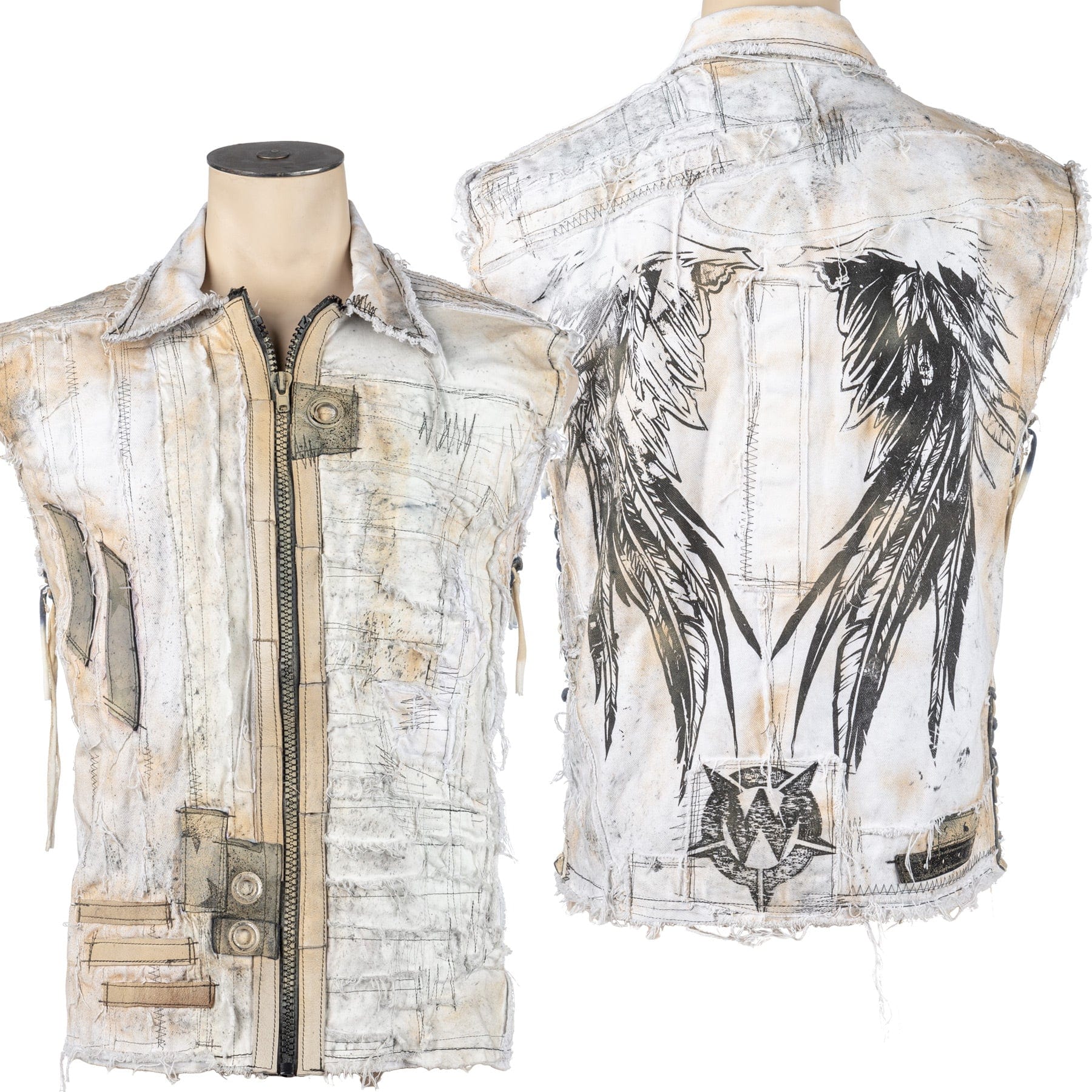 Wornstar Clothing men's custom vest. Handmade custom denim and leather rock vest. Rocker style black stretch denim custom-made stage vest.