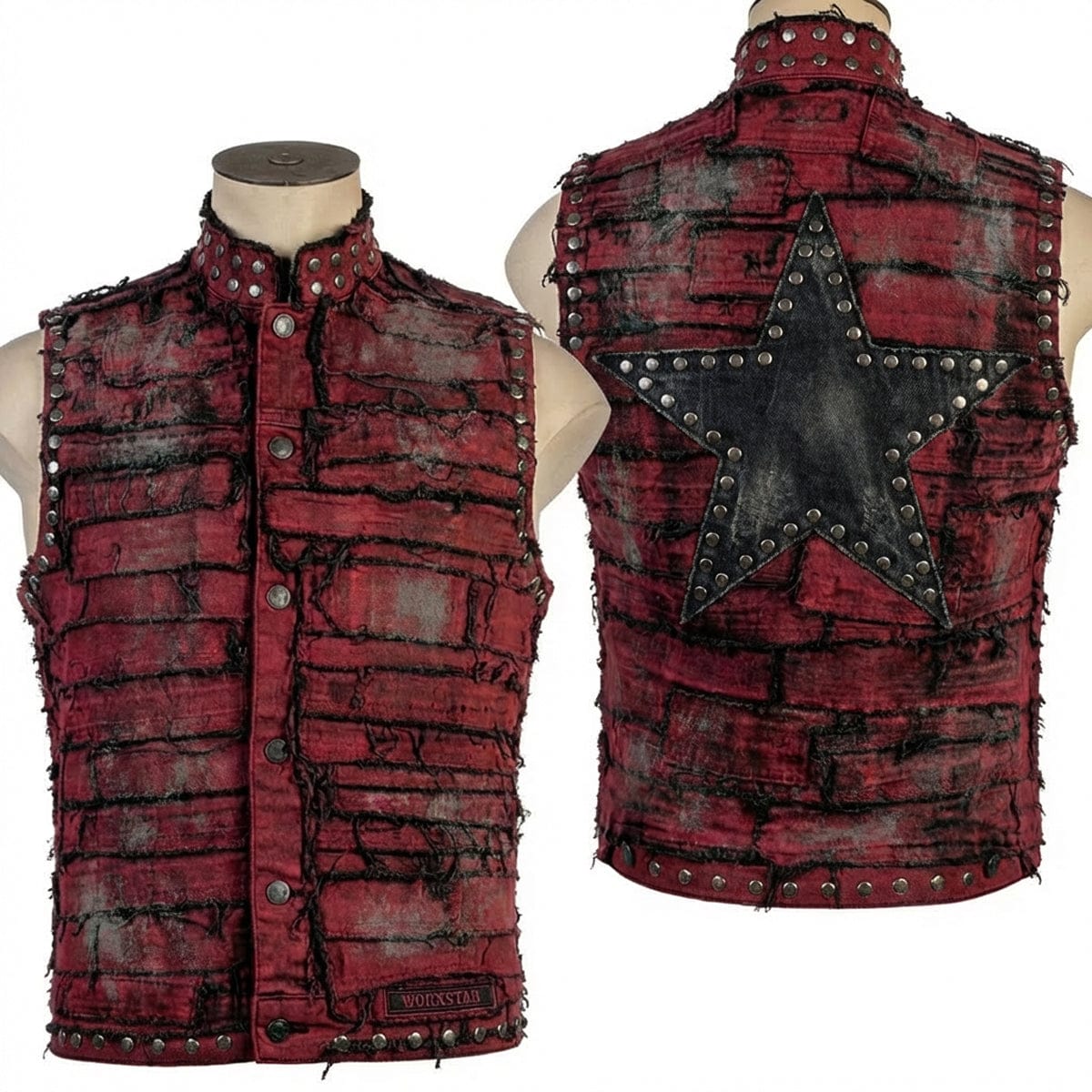 Custom Chop Shop Jacket Wornstar Custom Handmade Vest - Scars and Stripes Red - Button Closure