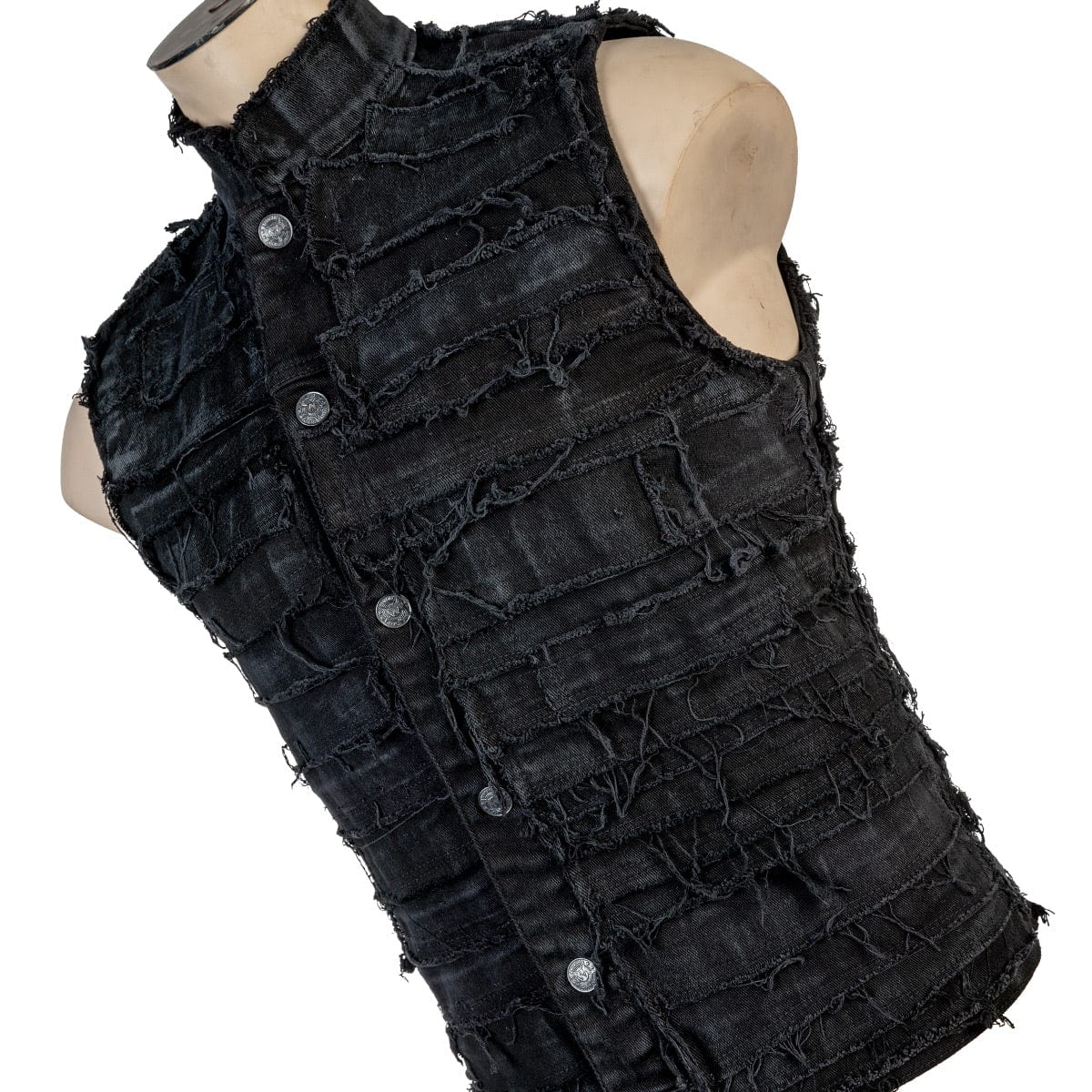 Wornstar Clothing men's custom vest. Handmade custom denim and leather rock vest. Rocker style black stretch denim custom-made stage vest.