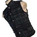 Wornstar Clothing men's custom vest. Handmade custom denim and leather rock vest. Rocker style black stretch denim custom-made stage vest.