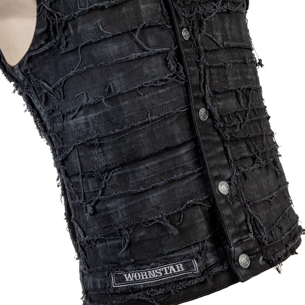Wornstar Clothing men's custom vest. Handmade custom denim and leather rock vest. Rocker style black stretch denim custom-made stage vest.