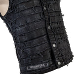 Wornstar Clothing men's custom vest. Handmade custom denim and leather rock vest. Rocker style black stretch denim custom-made stage vest.