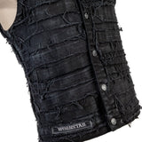 Wornstar Clothing men's custom vest. Handmade custom denim and leather rock vest. Rocker style black stretch denim custom-made stage vest.