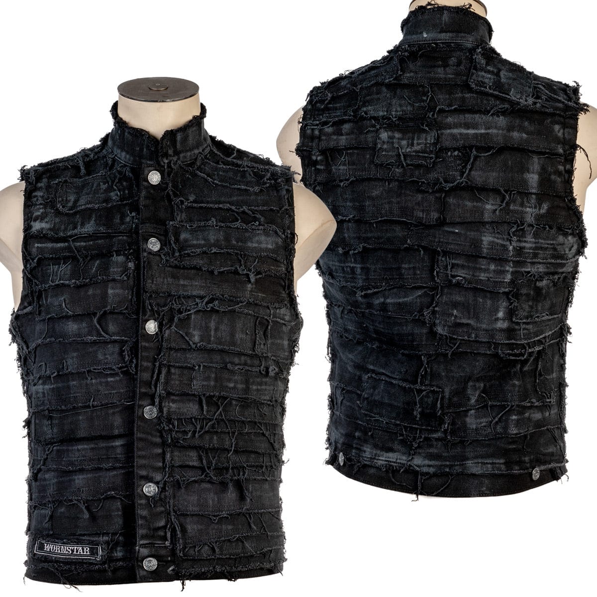 Wornstar Clothing men's custom vest. Handmade custom denim and leather rock vest. Rocker style black stretch denim custom-made stage vest.