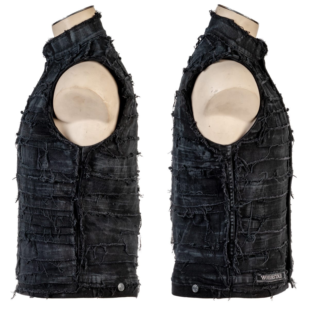 Wornstar Clothing men's custom vest. Handmade custom denim and leather rock vest. Rocker style black stretch denim custom-made stage vest.