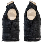 Wornstar Clothing men's custom vest. Handmade custom denim and leather rock vest. Rocker style black stretch denim custom-made stage vest.