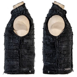 Wornstar Clothing men's custom vest. Handmade custom denim and leather rock vest. Rocker style black stretch denim custom-made stage vest.