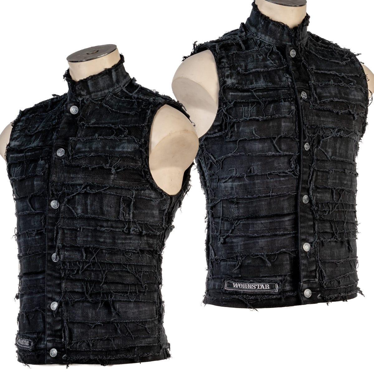 Wornstar Clothing men's custom vest. Handmade custom denim and leather rock vest. Rocker style black stretch denim custom-made stage vest.