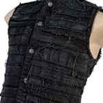 Wornstar Clothing men's custom vest. Handmade custom denim and leather rock vest. Rocker style black stretch denim custom-made stage vest.