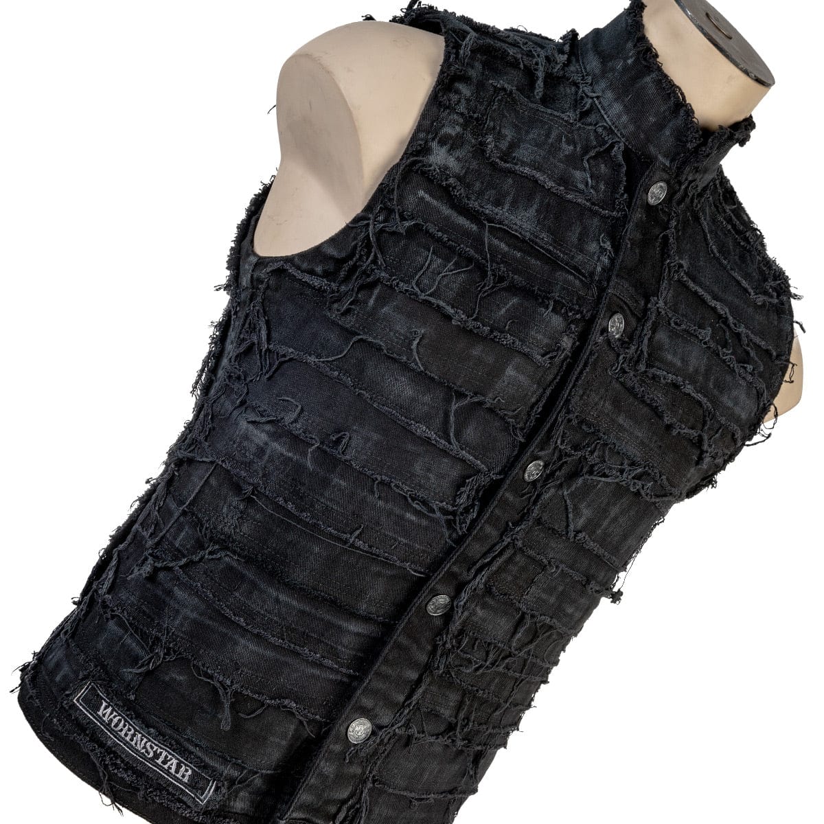 Wornstar Clothing men's custom vest. Handmade custom denim and leather rock vest. Rocker style black stretch denim custom-made stage vest.