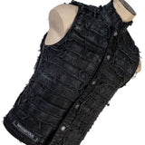 Wornstar Clothing men's custom vest. Handmade custom denim and leather rock vest. Rocker style black stretch denim custom-made stage vest.
