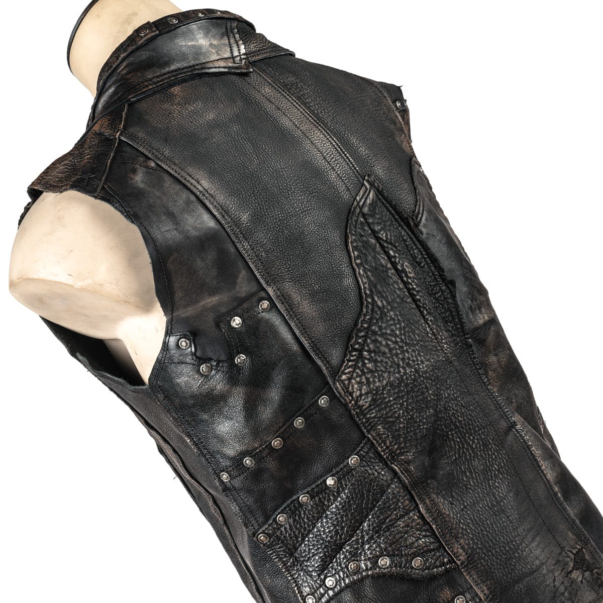 Wornstar Clothing men's custom vest. Handmade custom denim and leather rock vest. Rocker style black stretch denim custom-made stage vest.