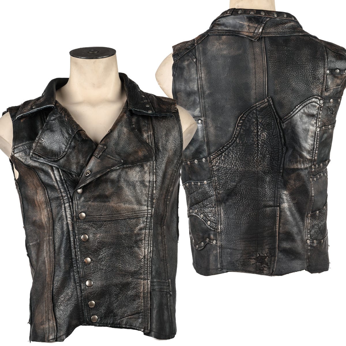 Wornstar Clothing men's custom vest. Handmade custom denim and leather rock vest. Rocker style black stretch denim custom-made stage vest.