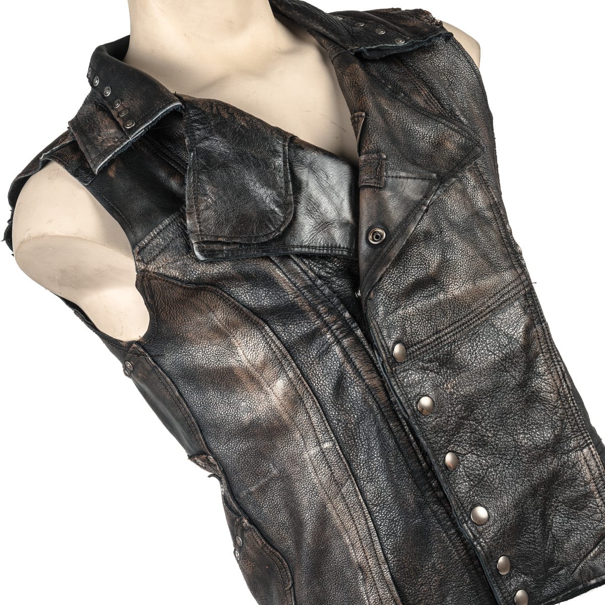 Wornstar Clothing men's custom vest. Handmade custom denim and leather rock vest. Rocker style black stretch denim custom-made stage vest.