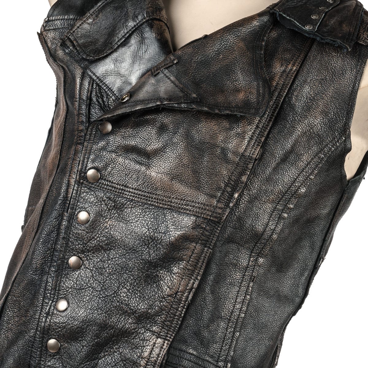 Wornstar Clothing men's custom vest. Handmade custom denim and leather rock vest. Rocker style black stretch denim custom-made stage vest.