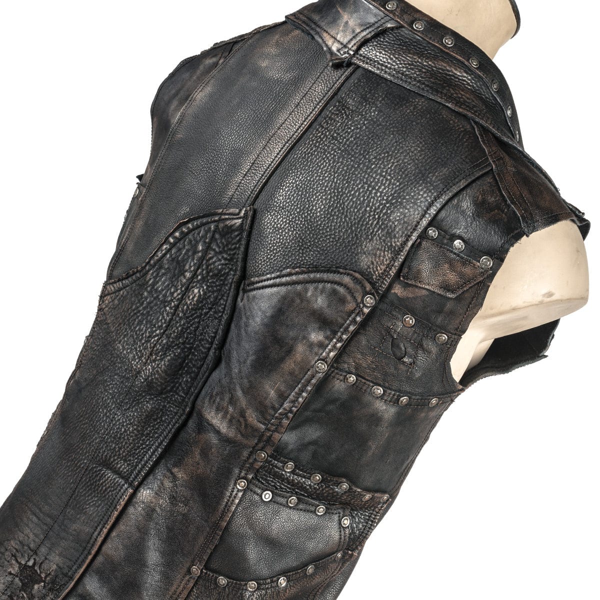 Wornstar Clothing men's custom vest. Handmade custom denim and leather rock vest. Rocker style black stretch denim custom-made stage vest.