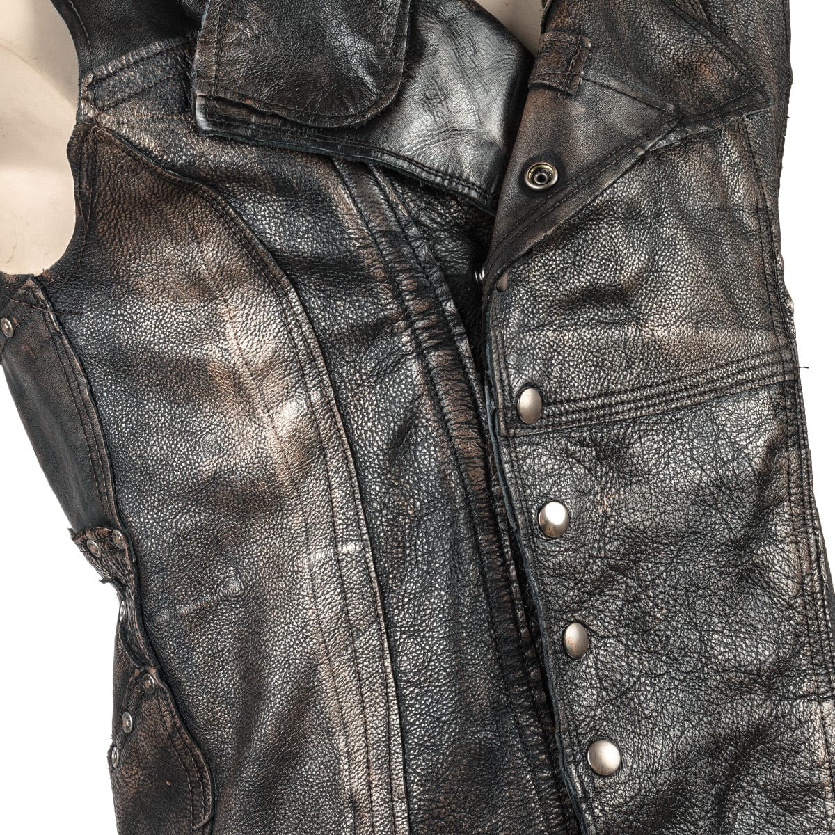 Wornstar Clothing men's custom vest. Handmade custom denim and leather rock vest. Rocker style black stretch denim custom-made stage vest.