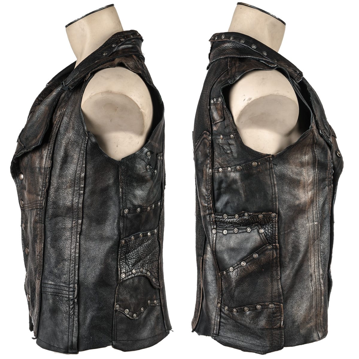 Wornstar Clothing men's custom vest. Handmade custom denim and leather rock vest. Rocker style black stretch denim custom-made stage vest.