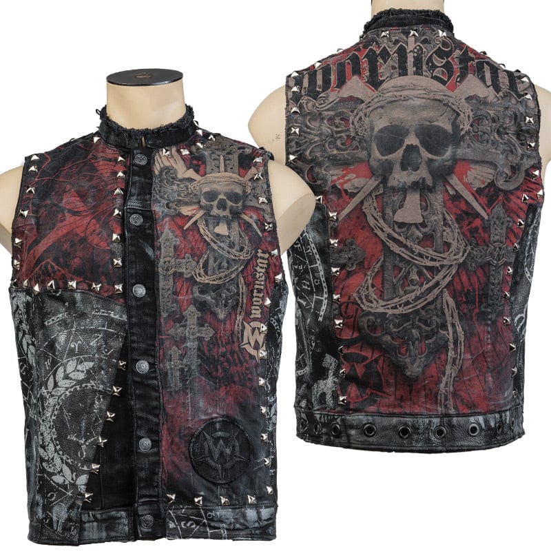 Wornstar Clothing men's custom vest. Handmade custom denim and leather rock vest. Rocker style black stretch denim custom-made stage vest.