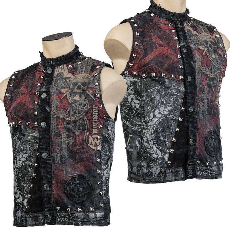 Wornstar Clothing men's custom vest. Handmade custom denim and leather rock vest. Rocker style black stretch denim custom-made stage vest.