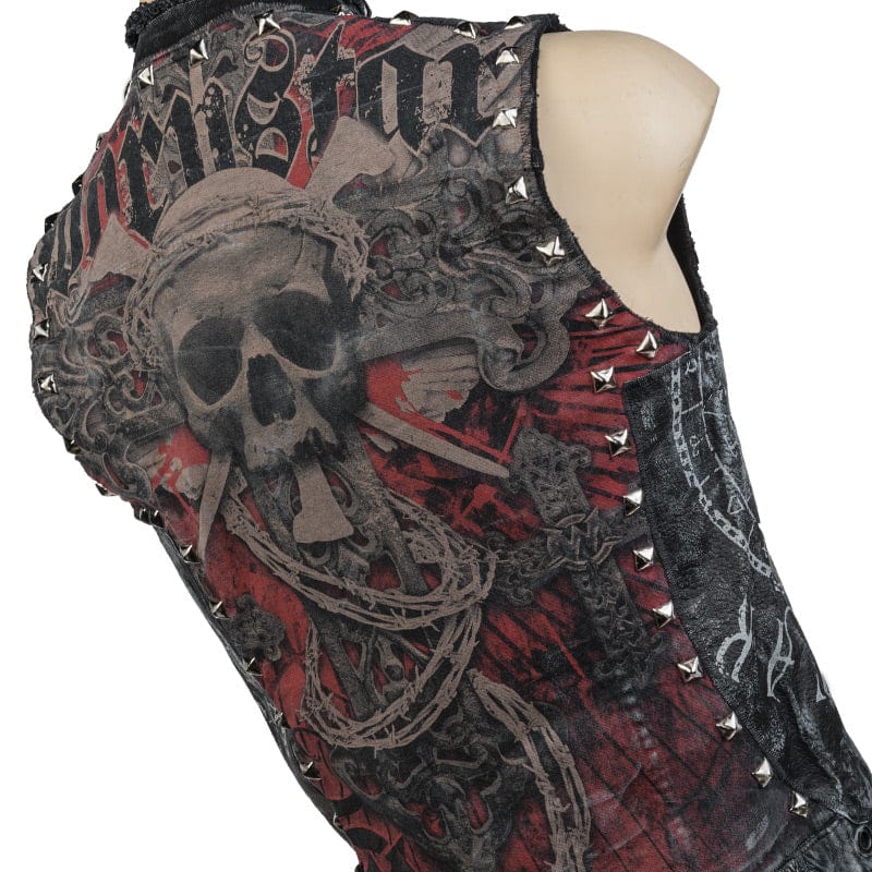 Wornstar Clothing men's custom vest. Handmade custom denim and leather rock vest. Rocker style black stretch denim custom-made stage vest.