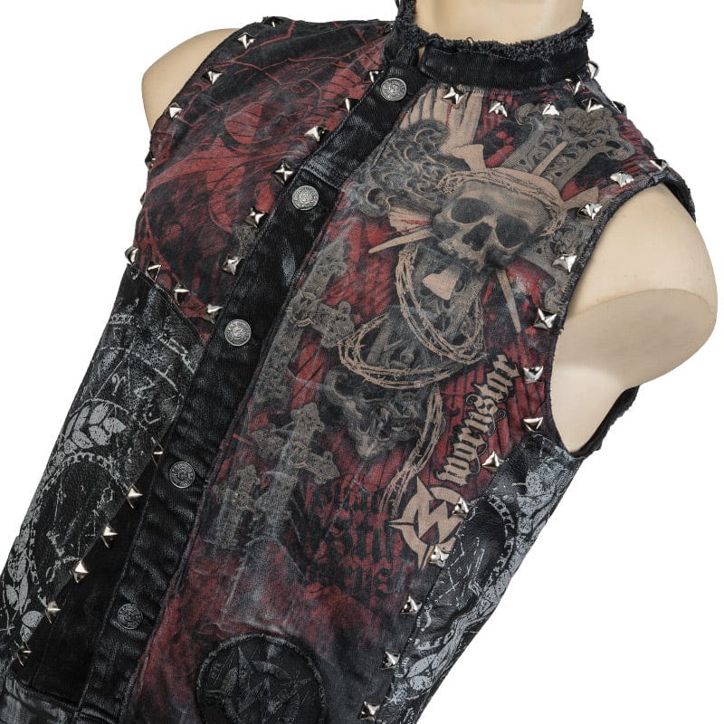 Wornstar Clothing men's custom vest. Handmade custom denim and leather rock vest. Rocker style black stretch denim custom-made stage vest.