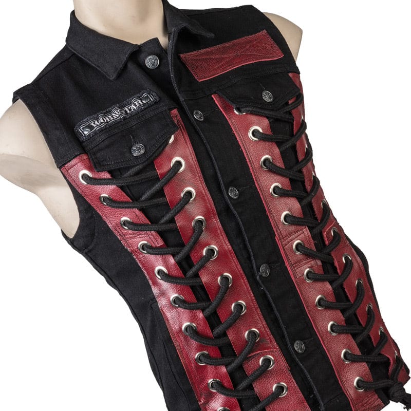 Wornstar Clothing men's custom vest. Handmade custom denim and leather rock vest. Rocker style black stretch denim custom-made stage vest.