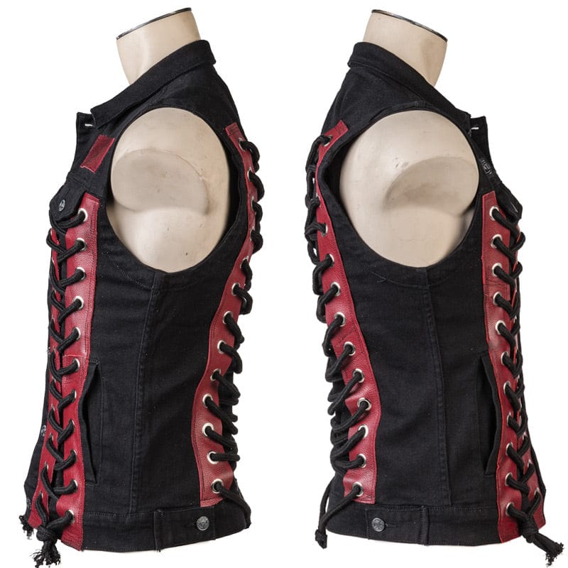 Wornstar Clothing men's custom vest. Handmade custom denim and leather rock vest. Rocker style black stretch denim custom-made stage vest.